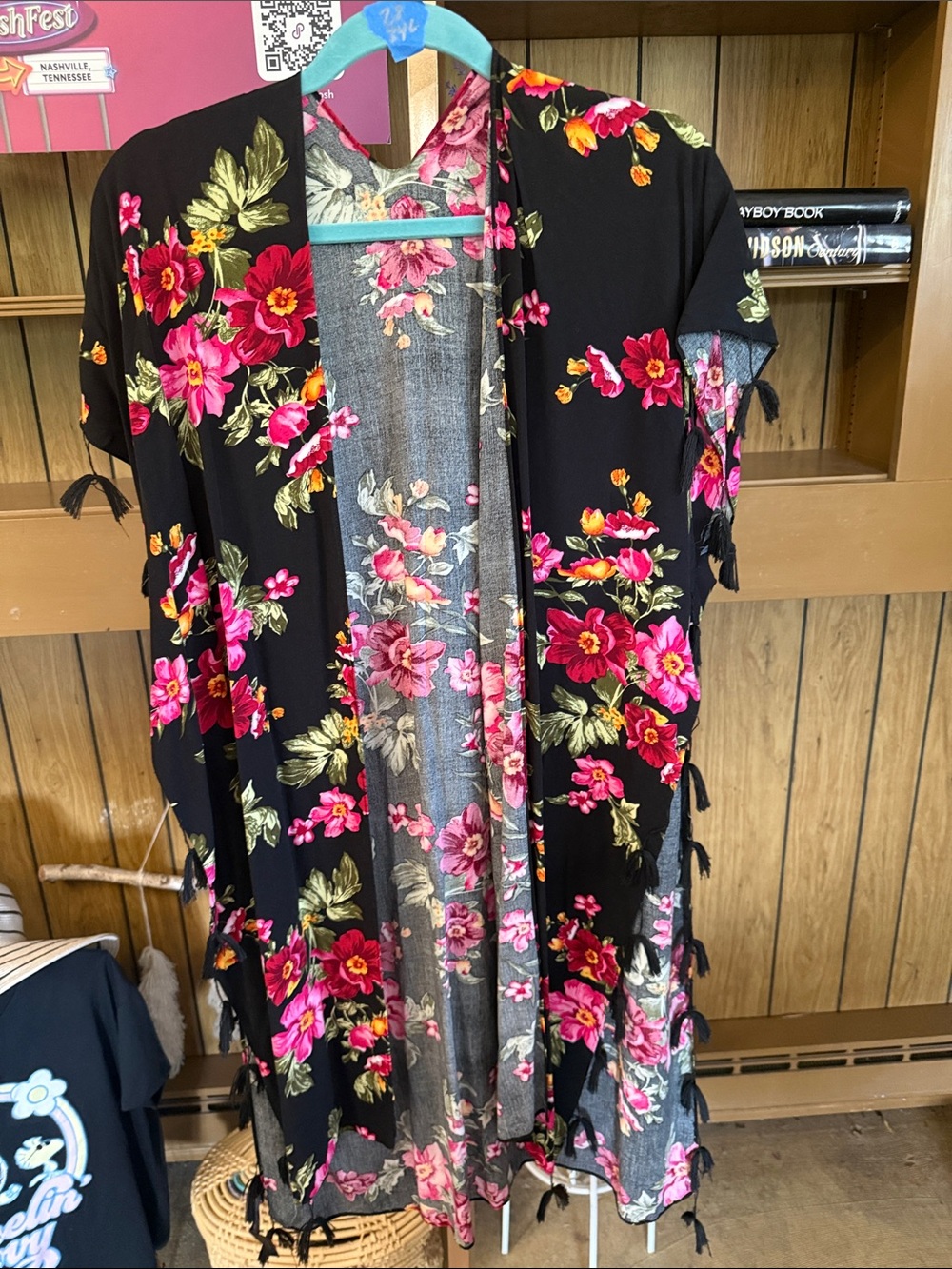 Black Floral Tie-Trim Kimono with Pink & Red Blooms